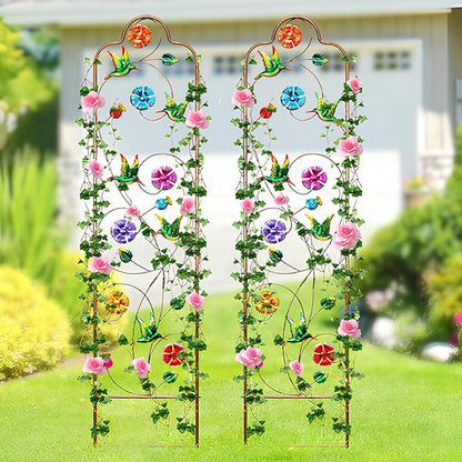 2 Pack Metal Garden Trellis Arched Fence Trellises for Climbing Plants Outdoor, Roses, Vines, Flowers, and Vegetables Support, 60'' H x 12'' W, Hummingbird