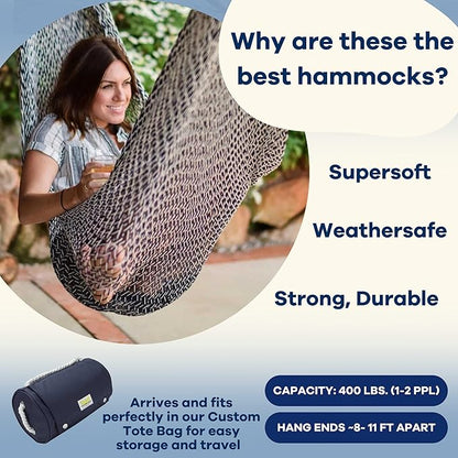 Handwoven Cotton Rope Hammock by Yellow Leaf Hammocks - Double Size, Fits 1-2 PPL, 400lb max - 100% Natural Cotton, Easy to Hang, Artisan Made - Color: Navy Blue - Off White