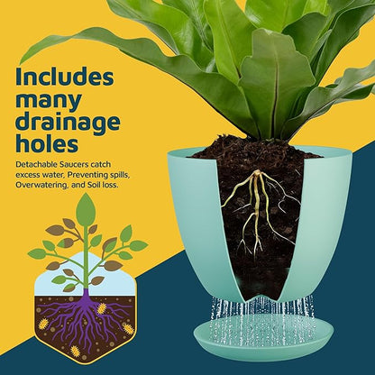 Lifemaster Planter Pots with Drainage Holes - Lightweight, Durable, and Space-Saving Pots for Indoor and Outdoor - Versatile Functionality, Simple Modern Design, Set of 5 Plastic Planter Pots - Aqua