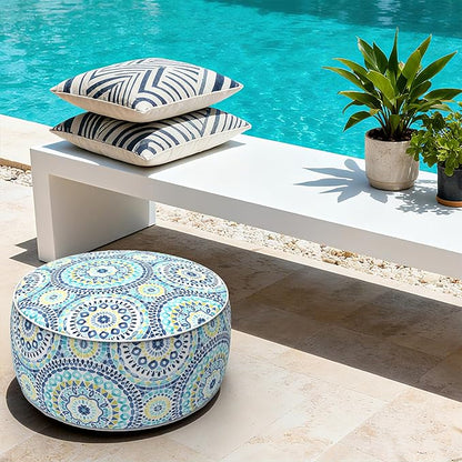 LVTXIII Indoor/Outdoor Inflatable Ottoman with Handle D21 x H9 Inch, Weather-Resistant Round Footstool Pouf for Patio Camping Living Room, Portable Footrest Extra Seating, Delancey Lagoon