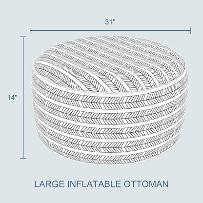 LVTXIII Indoor/Outdoor Extra Large Inflatable Ottoman Pouf D31 x H14 Inch, Round Footstool with Handle, Weather-Resistant Portable Furniture for Patio, Camping, Beach, Herringbone Black White