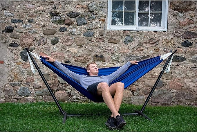 Vivere Double Polyester Hammock with Space Saving Steel Stand and Premium Carry Bag - 450 lb Capacity (Royal Blue)