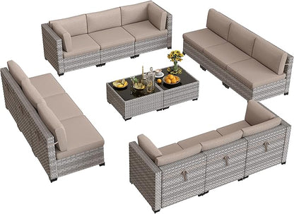 12-Seat Modular Patio Furniture Set – Outdoor Wicker Sectional Sofa with Thick 4″ Cushions, Dual-Strand PE Rattan, Rust-Resistant 18 mm Steel Frame, Backyard Garden Deck Lounge,Beige