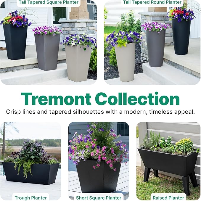 Step2 Tremont Tall Square Tapered Planter, 28", Indoor/Outdoor Plants, Efficient Drainage, Durable Resin, Dark Cedar