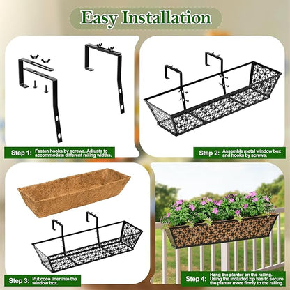 SPECILITE 24" Window Boxes Planters, Heavy Duty Metal Railing Planter Boxes, Adjustable Balcony Planters for Railing Hanging, with Coco Liner & Tool Set for Deck, Porch, and Patio Gardening (2 Pack)