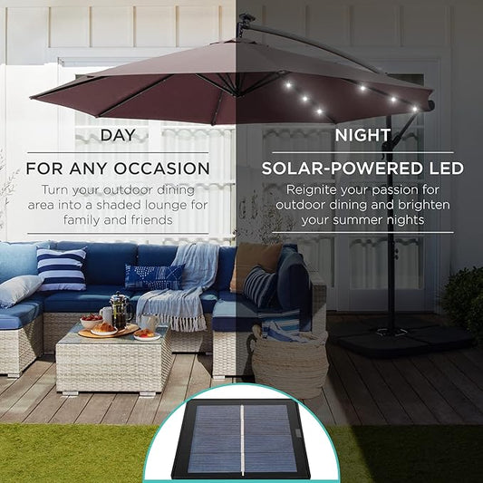 Solar LED Offset Cantilever Hanging Market Patio Umbrella, 10ft