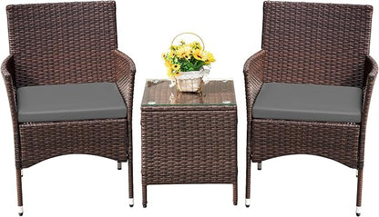 Devoko Patio Porch Furniture Sets 3 Pieces PE Rattan Wicker Chairs with Table Outdoor Garden Furniture Sets (Brown/Grey)