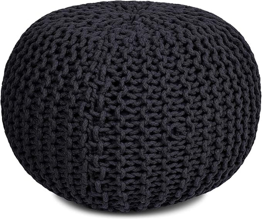 BIRDROCK HOME Round Pouf Ottoman | Cotton Braided Foot Stool with Bean Bag Filling | Boho Foot Rest for Living Room & Bedroom | Compact & Comfortable Seating, Lightweight & Soft | Charcoal