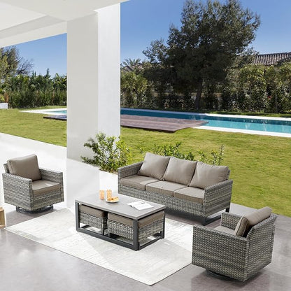 Belord 6 Piece Outdoor Furniture Patio Wicker Sofa Set, Oversize Outdoor Swivel Rocker Chairs with Rattan Ottomans, Conversation Sets Patio Furniture Come with Removable Washable Cushion Grey