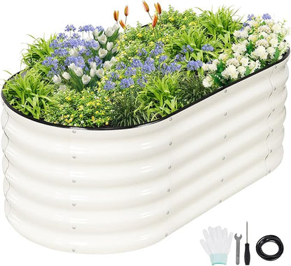 Galvanized Raised Garden Bed - 4x2x1.4FT Metal Planter Boxes Outdoor | Oval Steel Raised Bed Kit for Gardening with Protective Tape, Gloves for Vegetables, Flower, Herb (White)