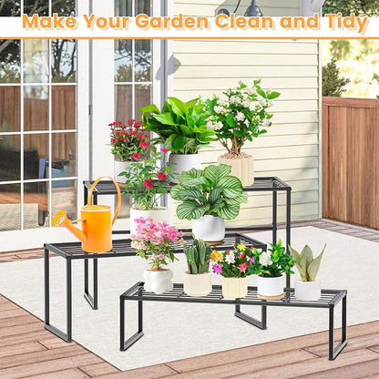 3 Tier Metal Plant Stand Indoor Outdoor, Potted Multiple Flower Pot Holder Rack Plant Shelf, Heavy Duty Planter Display Shelving for Patio Balcony Garden Living Room Decorative (3 Tier- Black)
