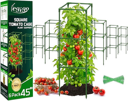 Legigo 6 Pack Square Tomato Cages for Garden- Up to 45 Inch Tomato Trellis Plant Cages Support, Tomato Stakes and Supports Cage for Climbing Vegetables Raised Garden Bed Cucumbers Peppers Flowers