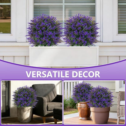 Artificial Lavender Topiary Ball for Outdoors, Set of 2 Boxwood Plant Tree with Spike, Fake Shrubs UV Resistant Faux Plants for Indoor Outdoor Decor