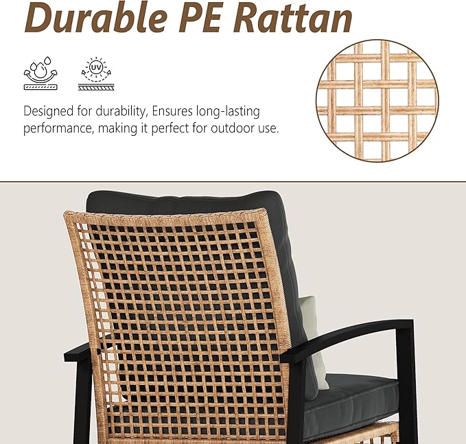 Bistro Set, 3-Piece Patio Rocker Set with Gray Cushions and Glass Table Top