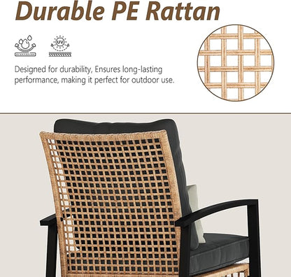 Bistro Set, 3-Piece Patio Rocker Set with Gray Cushions and Glass Table Top