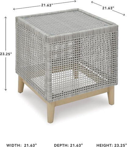 Signature Design by Ashley Seton Creek Contemporary Chic Outdoor All-Weather Resin Wicker End Table with Tempered Glass Tabletop, Gray & Light Brown