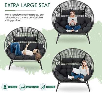NICESOUL® Double Egg Chair Indoor Outdoor Stationary Oversized 6.5" Thick Padded Cushions,2 Person Wicker Egg Loveseat Chair,680 lbs Extra Wide Lounge Chair for Patio Balcony Porch Gray with Cover
