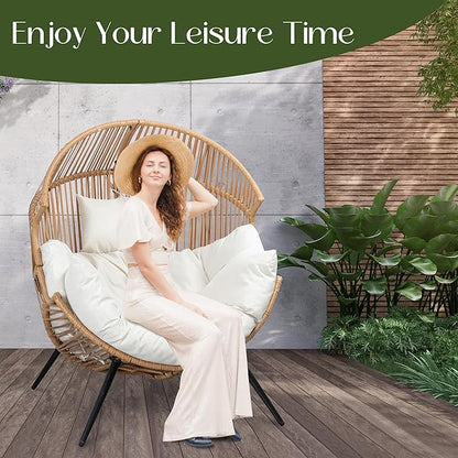 JAMFLY Egg Chair Wicker Outdoor Chairs, Oversized Patio Chair Oversized Lounger Chair with Cushion for Indoor Living Room, Bedroom, Outside Patio Backyard Balcony, Beige
