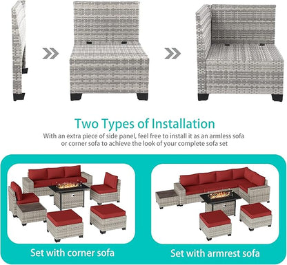 9-Piece Outdoor Patio Furniture Set with 55,000 BTU Fire Pit Table, PE Wicker Rattan Sectional Sofa Patio Conversation Set with Ottomans & Coffee Table, Red