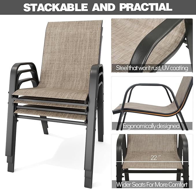 Patio Dining Chairs Set of 4 in Brown with Stackable Steel Frame