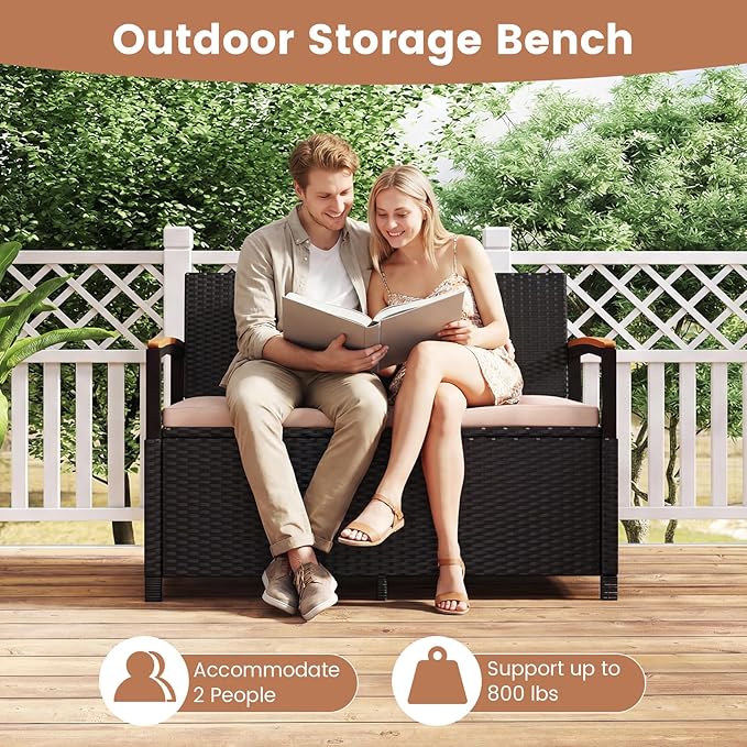 Outdoor Storage Bench in Black Rattan with 46-Gallon Storage