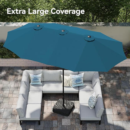PHI VILLA 15ft Large Patio Umbrellas with Base Included, Outdoor Double-Sided Rectangle Market Umbrella with Crank Handle, for Poolside Lawn Garden, Cyan