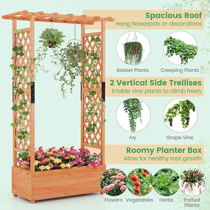 Giantex 2 Pcs Raised Garden Bed with Trellis & Hanging Roof, Wood Planter Box with Bottom & Drainage Holes, Freestanding Garden Planter for Flower Vegetable Fruit Herb Climbing Vines, 43.5"x17.5"x72"