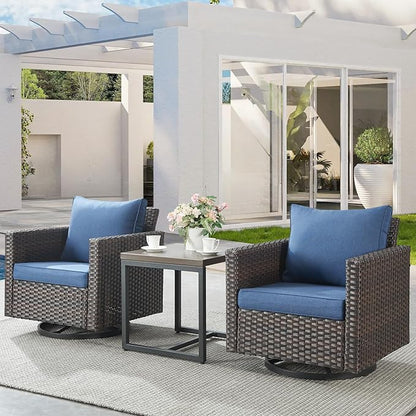 Belord Outdoor Bistro Set 3 Piece Wicker Swivel Rocker Patio Chairs, Oversize Outdoor Rattan Seating Set, Patio Swivel Glider Chairs Wicker Furniture with Metal Side Table for Porch Backyard, Brown