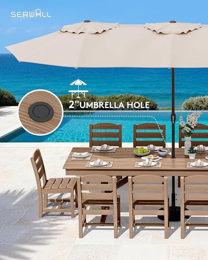 SERWALL 11 Piece Outdoor Dining Set, 84" HDPE Outdoor Large Dining Table and Chairs Set for 10，All Weather Patio Dining Furniture Set with Umbrella Hole for Backyard, Garden, Brown