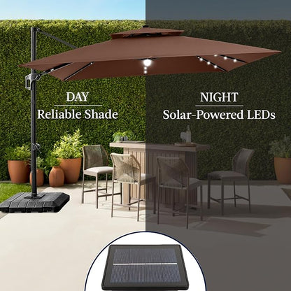 Best Choice Products 12x12ft LED Cantilever Patio Umbrella w/Base Included & 360° Rotation, Large Solar Offset Hanging Outdoor Sun Shade for Deck, Backyard Table w/Stand & Lights – Brown