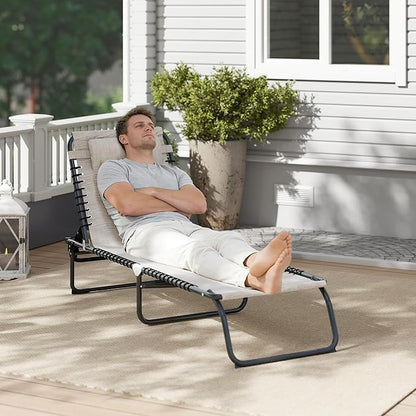 Outsunny Folding Chaise Lounge Chair, Patio Sun Tanning Chair, Outdoor Chaise Lounger with 4-Position Reclining Back, Breathable Mesh Seat for Beach, Poolside, Yard, Cream White