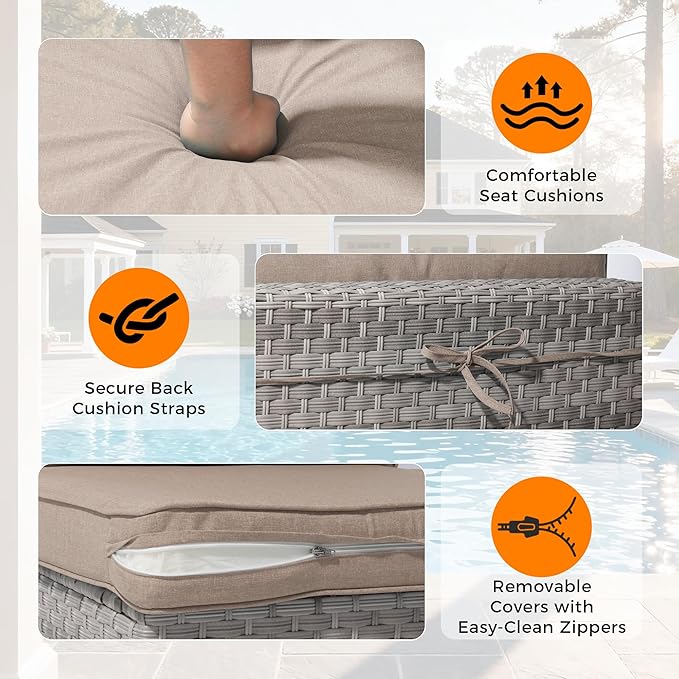 14-Seat Outdoor Wicker Patio Furniture Set with Fire Pit Table, Modular Rattan Sectional Sofa & 2 Swivel Rocking Chairs, 4" Thick Cushions, Rust-Resistant Frame,Beige