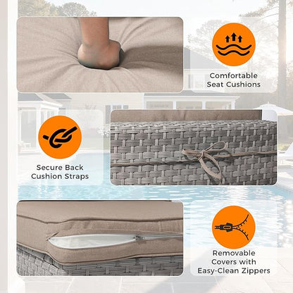 12-Seat Modern Outdoor Wicker Rattan Patio Furniture Set with 55,000 BTU Fire Pit Table, Thick 4″ Cushions, All-Weather Dual-Strand Rattan, Rust-Resistant Steel Frame,Beige