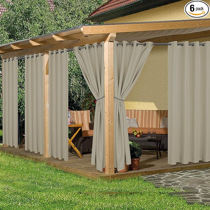 HolidayIdeas Outdoor Curtains for Patio Waterproof, 6 Panels - 54x84 Inches - Weatherproof Privacy Outsides Curtains for Cabana Porch Pergola, Sunlight & UV Blocking (Taupe, Grommet Top)