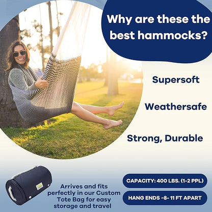 Handwoven Hammock by Yellow Leaf Hammocks - Double Size, Fits 1-2 PPL, 400lb max - Weathersafe, Super Strong, Easy to Hang, Ultra Soft, Artisan Made - Color: Stripe Navy Blue - White