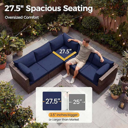 NICESOUL 7 Pcs Patio Conversation Set with Fire Table Natural Gas & Propane, 29.3'' High Backres Outdoor Sectional Sofa Sets, Large Deep Sitting Furniture for Exteriors, Brown Rattan and Blue Cushion