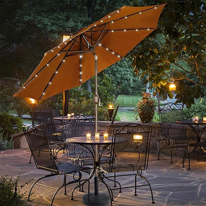 Blissun 9 ft Solar Umbrella 32 LED Lighted Patio Umbrella Table Market Umbrella with Tilt and Crank Outdoor Umbrella for Garden, Deck, Backyard, Pool and Beach, Brown