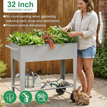 Elevated 32" Tall Raised Garden Bed with Legs and Wheels for Mobility, Metal Planter Boxes Outdoor with Shelf, Raised Bed for Gardening Vegetables/Herbs, Backyard, Patio, Balcony, Grey