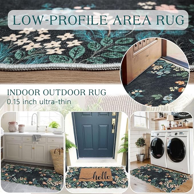 Outdoor Door Mat Boho Floral Non-Slip Black 2 x 4.3 Ft