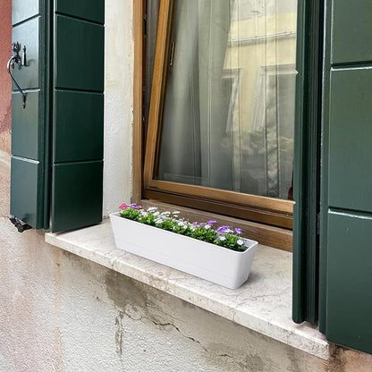GREANER Long Window Boxes Planters, 6 Pack 16x3.8 Inch Vegetable Box Pot with Tray, Indoor Succulent Cactus Flowers Plastic Rectangle Pot for Balcony, Office, Garden, Outdoor, Windowsill - White