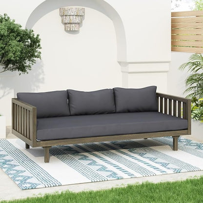 Merax Solid Acacia Wood Couch Chaise Lounge Chair Indoor, 3 Seater Daybed Sofa Couches with Cushions & Pillow, Heavy Frame Day Bed for Living Room, Office, Outdoor, Balcony, Patio, Water Resistant