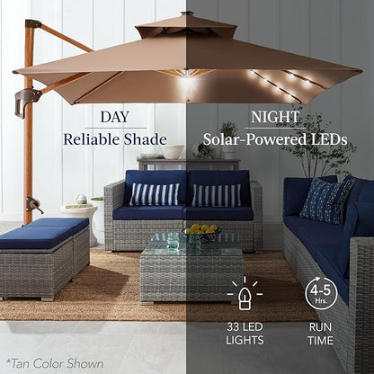 Best Choice Products 10ft Square Cantilever Patio Umbrella w/Base Included, Woodgrain Pattern Pole & Solar LED Lights, 360-Rotation, Offset Hanging Outdoor Shade - Sky Blue