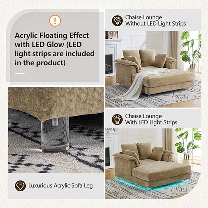VINGLI Modern Floating Chaise Lounge Chair with LED Lights & Acrylic Legs, Upholstered Cushion Deep Seat Lounge Sofa with Iron-Wood KD Frame, Pillow Armrest Accent Chair for Living Room, Apartment