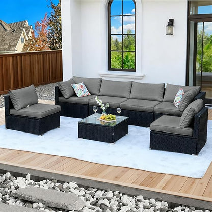 7 Pieces Patio Furniture Set - All-Weather Outdoor Wicker Sectional Conversation Sofa, Rattan Patio Seating Sofa Set with Cushion and Glass Table for Porch Poolside, Black/Grey