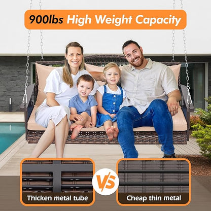 Upgraded Wicker Hanging Porch Swing Heavy Duty 900lbs 3-Seat Outdoor Patio Swing Chair Bench for Adult w/ 8.9ft Hanging Chains Cushions and Cup Holder