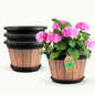 Quarut 4 Pack 12 inch Plant Pots,Whiskey Barrel Planters with Drainage Holes & Saucer,Plastic Decoration Flower Pots Retro Design,Planters for Outdoor Indoor Garden Home Plants (Brown)