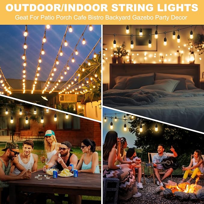 String Lights 100FT Outdoor LED with 64+4 Warm Yellow Bulbs