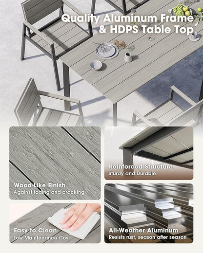 Outdoor Patio Dining Set for 4，Aluminum & HDPS Patio Table and Chairs Set with Umbrella Hole, Modren 5 Peice Patio Furniture Set, All-Weather Dining Table and 4 Chairs (Classic Gray)
