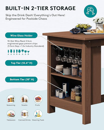 SERWALL Outdoor Bar Table, All Weather HDPE 36" Counter Height Dining Table with Storage and Wine Rack for Patio, Garden, Backyard, Balcony, Poolside, Brown
