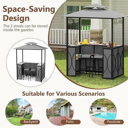 Tangkula 3-Piece Patio Bar Set, Grill Gazebo & 2 Bar Stools with Tempered Glass Bar Table, Metal Storage Shelves, Glass Holders, Double-Tier Soft Top Canopy BBQ Gazebo Shelter for Patio Garden (Grey)